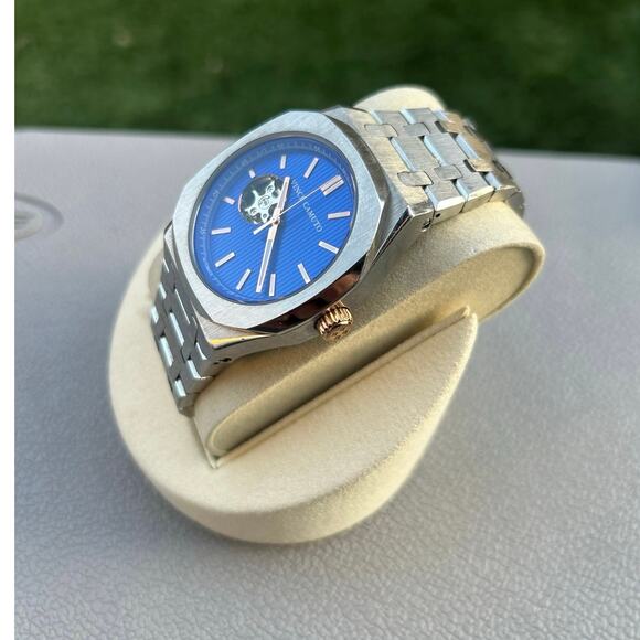 Vince Camuto Automatic Open Heart Blue Dial Stainless Steel Skeleton Men’s Watch